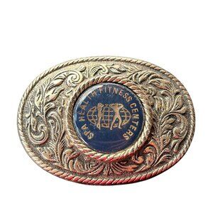 Vintage Spa Health Fitness Center Belt Buckle Oval Silver Blue Center Gym Logo